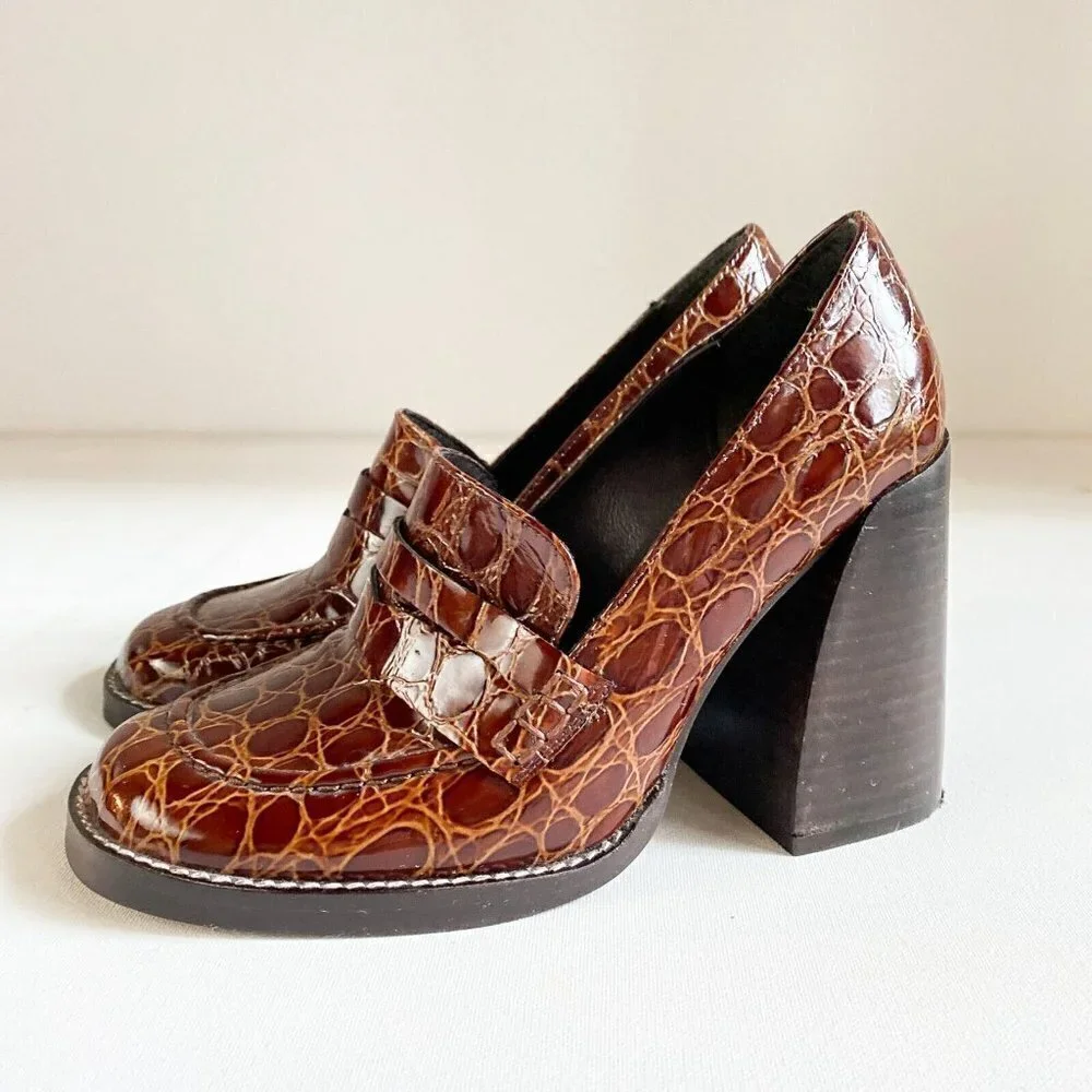 L'Intervalle Brown Croc Print Leather Chunky Heel Loafers 36